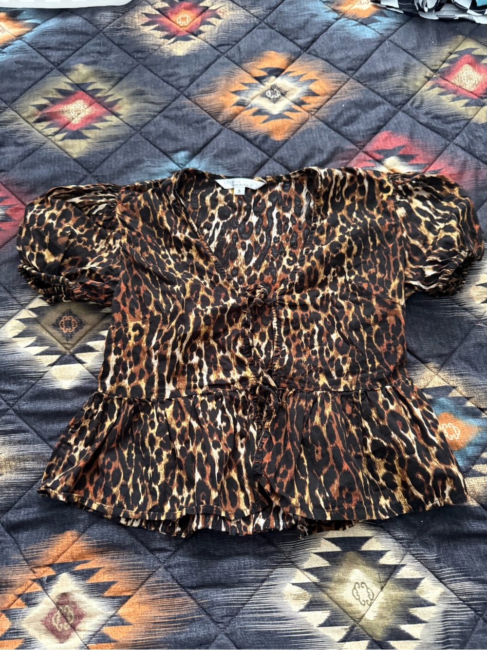 Leopard Print Puff Sleeve Peplum Blouse - Brown/Black